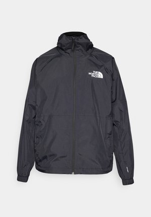 Black windbreaker jacket with a zip front, high neck, elastic cuffs, and logo on the left chest. Lightweight, smooth texture.