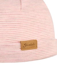 Soft pink and white striped baby beanie with folded brim and brown stitched label reading "Sterntaler" on the front.