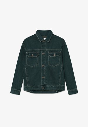 Dark green denim jacket with button front, two flap chest pockets, and long sleeves, laid flat on a white background.
