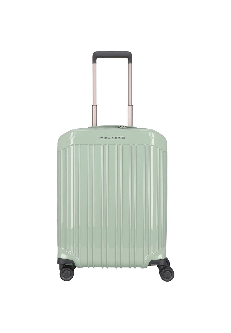 Valigia rigida di colore verde chiaro, con design rigato, manico estraibile e quattro ruote scorrevoli per una facile manovrabilità.
