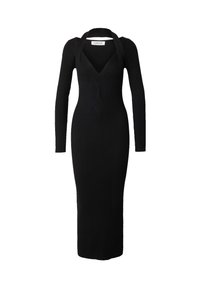 Schwarzes geripptes Strickkleid mit langen Ärmeln, tiefem V-Ausschnitt und figurbetonter Silhouette. Mit einem einzigartigen Wickeldetail an der Taille.