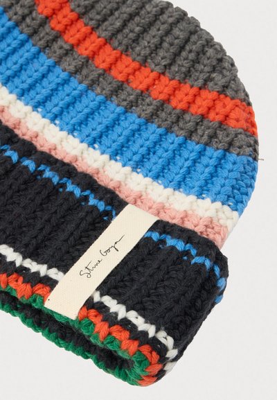 Multicolored knitted beanie with horizontal stripes in gray, orange, blue, pink, black, white, and green, featuring a white fabric brand label.
