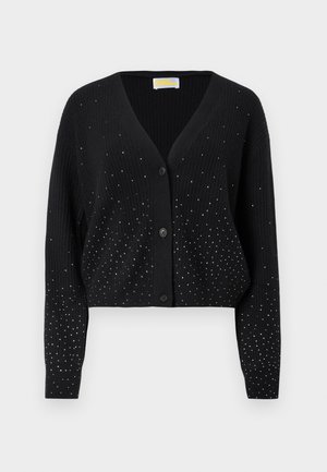 Sort ribbet cardigan med V-hals, tre knapper og spredte små sølvstænk på fronten og ærmerne for glitreffekt.