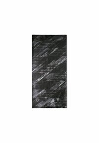 Tubo multifuncional negro hecho de tela elástica, con un patrón de rayas diagonales en tonos de gris; logotipo en la esquina inferior izquierda.