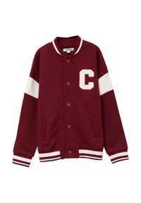 Giacca varsity bordeaux in cotone, con emblema bianco a forma di "C", maniche bianche a contrasto, tasche frontali e polsini e orlo a coste rigate.