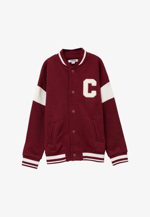 Giacca varsity bordeaux in cotone, con emblema bianco a forma di "C", maniche bianche a contrasto, tasche frontali e polsini e orlo a coste rigate.