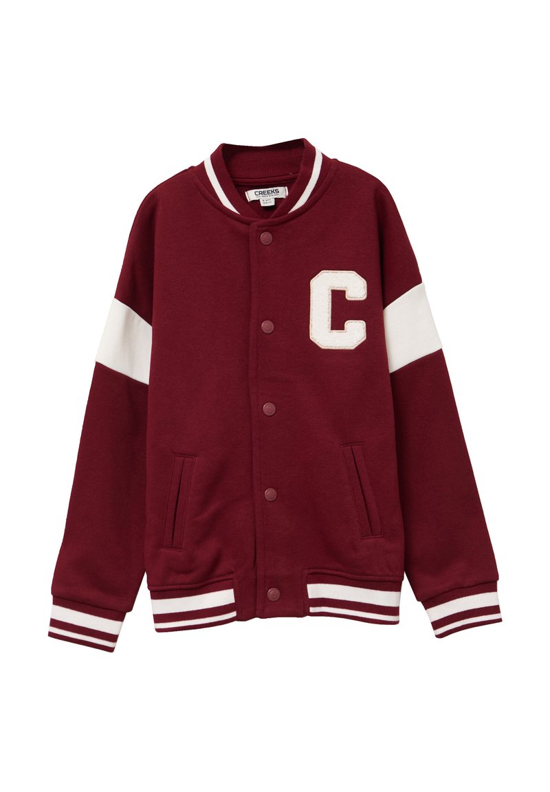 Giacca varsity bordeaux in cotone, con emblema bianco a forma di "C", maniche bianche a contrasto, tasche frontali e polsini e orlo a coste rigate.