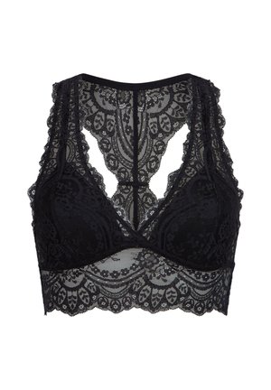 Bralette en dentelle noire avec motifs floraux complexes, bords festonnés et un décolleté en V profond, doté d'un panneau arrière en dentelle transparente.