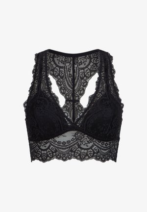 Bralette en dentelle noire avec motifs floraux complexes, bords festonnés et un décolleté en V profond, doté d'un panneau arrière en dentelle transparente.