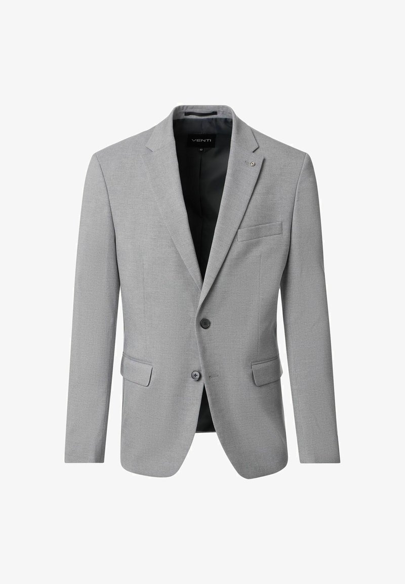 Hellgrauer, strukturierter Blazer mit einem Ein-Knopf-Verschluss, Reverskragen und zwei Vordertaschen. Das Innenfutter ist schwarz.