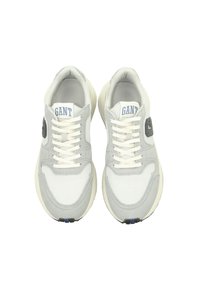 Gray sneakers with a textile and suede upper, white laces, and a blue "GANT" logo on the tongue. Chunky sole with a slight curve.
