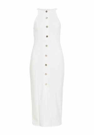 Fehér ujjatlan midi ruha magas nyakkivágással és középen arany díszgombokkal.