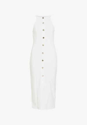 Fehér ujjatlan midi ruha magas nyakkivágással és középen arany díszgombokkal.