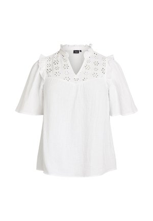 Hvid kortærmet bluse med blomstret øjelynlace på bærestykket, flæsekrave og skuldre samt tekstureret letvægtsstof.