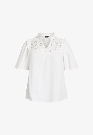 Hvid kortærmet bluse med blomstret øjelynlace på bærestykket, flæsekrave og skuldre samt tekstureret letvægtsstof.