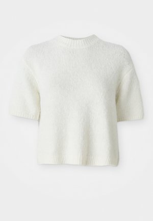 Pulover s kratkimi rokavi v off-white barvi, izdelan iz mehkega, strukturiranega materiala. Ima rebrast okrogel ovratnik in ohlapen kroj s ravnim robom.