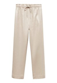 Pantalon en tissu beige et brillant avec une taille à cordon de serrage, jambes larges et texture lisse, présentant une longueur cropped et sans poches.