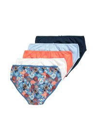 Cinque coppie di mutande in cotone da donna in colori assortiti: blu floreale, corallo, azzurro, bianco e blu navy. Elastico in vita; copertura totale.