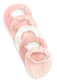Set of five bandana bibs in varying shades of pink and white. Made of soft fabric with a gathered design and snap fasteners for secure wear.