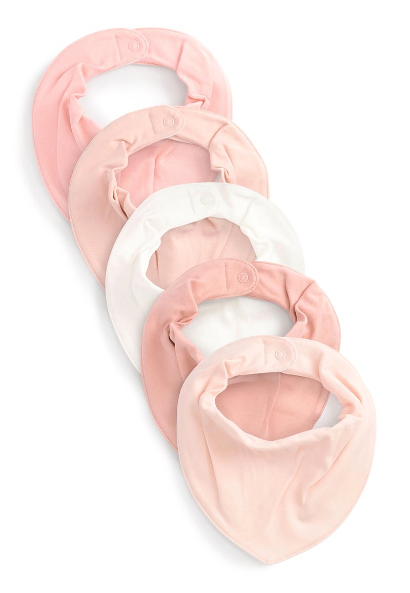 Set of five bandana bibs in varying shades of pink and white. Made of soft fabric with a gathered design and snap fasteners for secure wear.