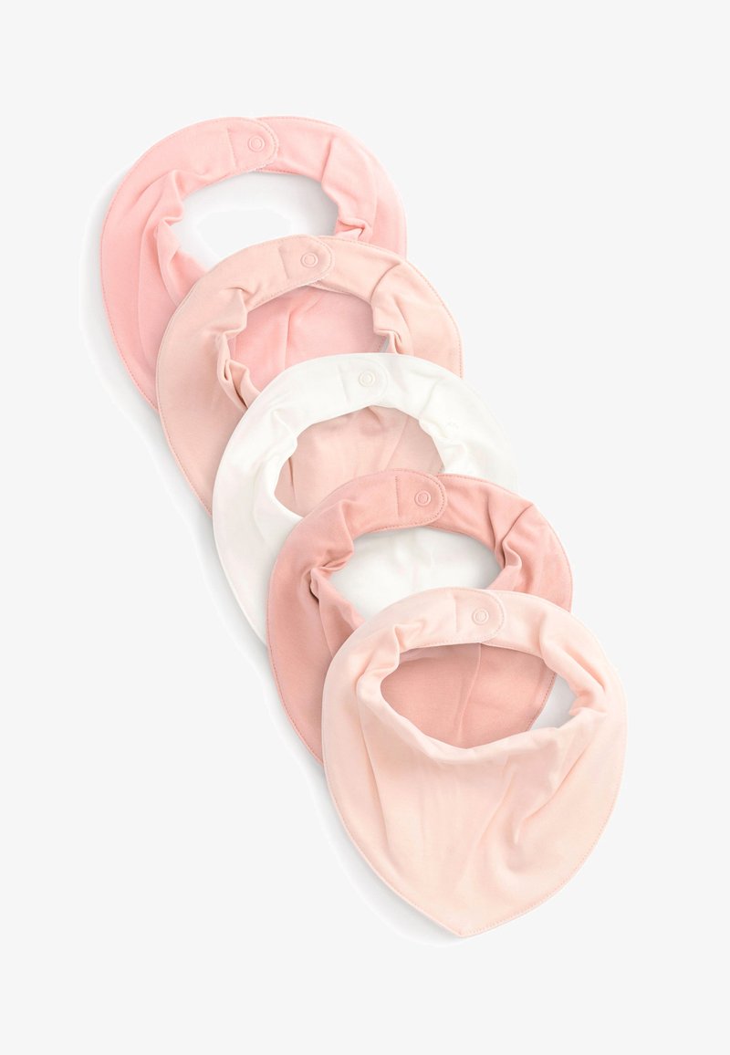 Set di cinque bavaglini a bandana in diverse tonalità di rosa e bianco. Realizzati in tessuto morbido con un design arricciato e chiusure a scatto per un indosso sicuro.