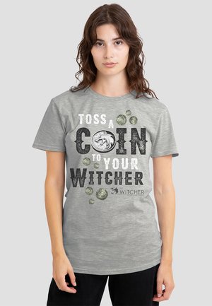 Gray cotton t-shirt featuring the phrase "TOSS A COIN TO YOUR WITCHER" in black and white text, with coin graphics and The Witcher logo.
