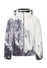 Gepolsterte weiße Jacke mit schwarzer Berggrafik, Reißverschluss, verstellbarer Kapuze und elastischen Bündchen. Verfügt über seitliche Taschen und ein kontrastierendes Innenfutter.