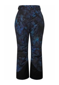 Waterdichte skibroek met een donker abstract blauw patroon, zwarte accenten, wijde benen, verstelbare tailleband en zijzakken met rits.
