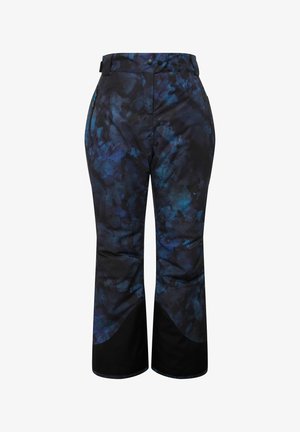 Vandtætte skibukser med et mørkt abstrakt blåt mønster, sorte accenter, brede ben, justerbar talje og sidelommer med lynlås.