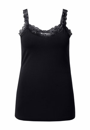 Top nero senza maniche con pizzo lungo il colletto e le spalline, realizzato in un tessuto morbido con una texture liscia e una forma dritta.