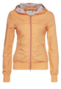 Giacca bomber arancione chiaro con cappuccio, zip completamente apribile, due tasche laterali, polsini e orlo elastici. L'interno presenta un colore chiaro a contrasto.