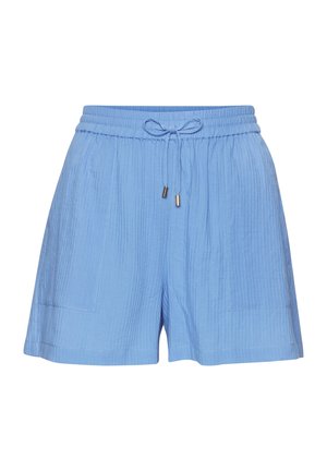 Light blue shorts with elastic waistband, drawstring tie, and front patch pockets, displayed on a white background.