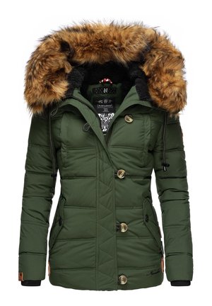 Green puffer jacket with a removable brown faux fur-lined hood. Features quilted design, 2 button closures, and adjustable drawstrings.
