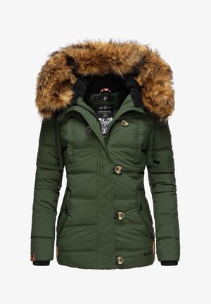 Green puffer jacket with a removable brown faux fur-lined hood. Features quilted design, 2 button closures, and adjustable drawstrings.
