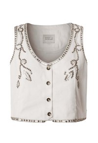 Bijela bezrukavna majica s V-izrezom, ukrašena srebrnim šljokicama u obliku cvjetova, s pet dugmadi sprijeda i okruglim rubom.