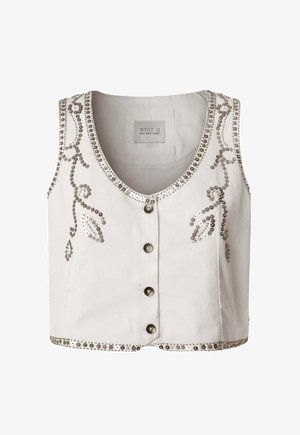 Biely bezrukávový sveter s výstrihom do V, strieborné flitrové kvetinové ozdoby, päť gombíkov na prednej strane a okrúhly lem.