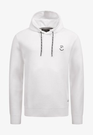 Witte hoodie van textiel met structuur, met een capuchon met trekkoord, ribgebreide manchetten en een klein geborduurd logo op de borst.