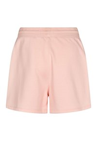 Růžové bavlněné šortky s elastickým pasem, disponující volnějším střihem a hladkou texturou. Jednoduchý design bez viditelných vzorů či ozdob.