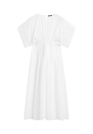 Robe en coton blanche à manches courtes, avec des détails froncés à la taille et une jupe mi-longue. Design simple et minimaliste avec une fermeture éclair au dos.