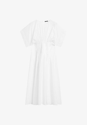 Robe en coton blanche à manches courtes, avec des détails froncés à la taille et une jupe mi-longue. Design simple et minimaliste avec une fermeture éclair au dos.