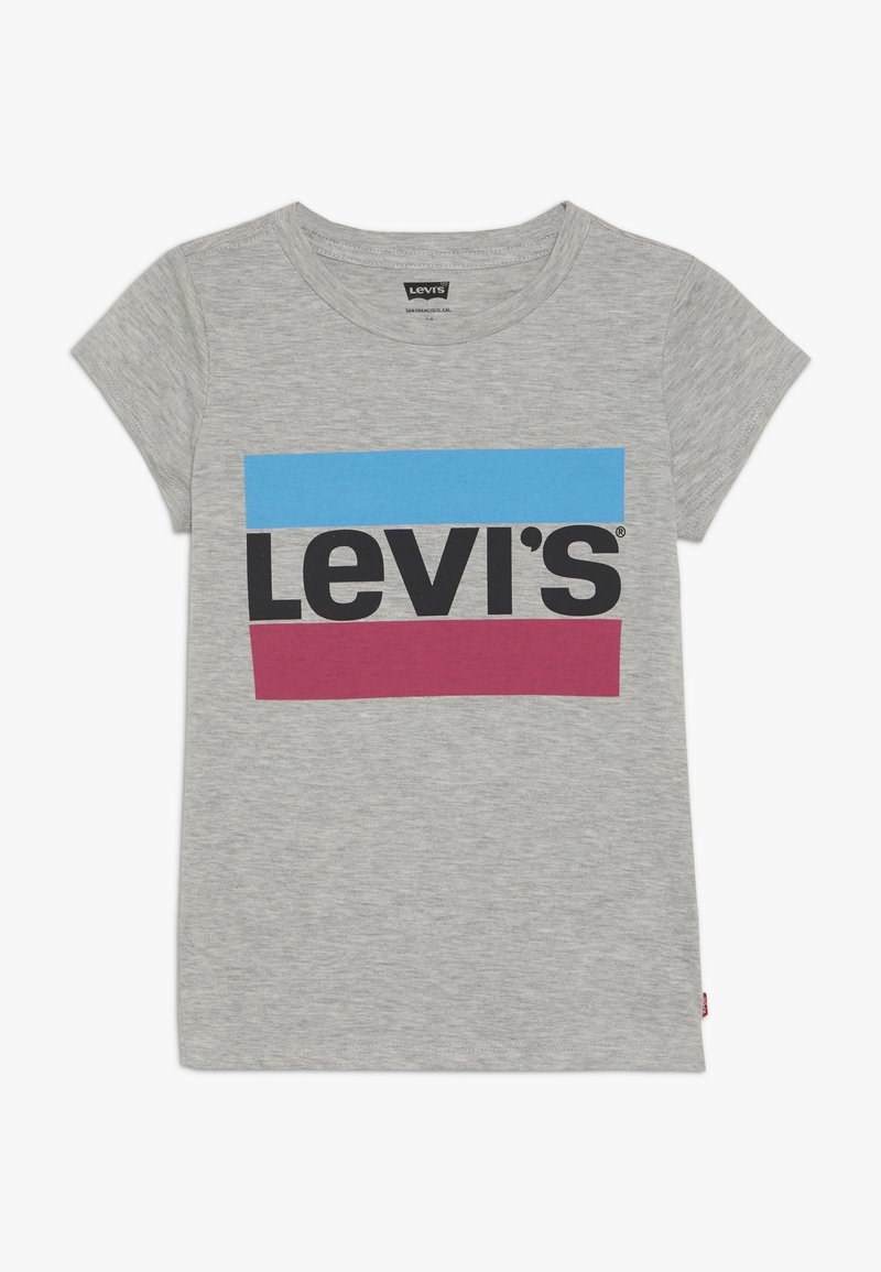 Szara bawełniana koszulka z krótkim rękawem, z odważnym logo Levi's w czarnych, niebieskich i bordowych blokach kolorystycznych. Okrągły dekolt.