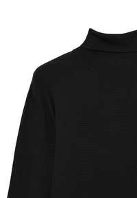 Schwarzer Rollkragenpullover mit geripptem Kragen und weichem, strukturiertem Stoff. Hat einen lässigen Schnitt und lange Ärmel.