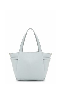 Světlomodrá texturovaná kožená taška přes rameno se dvěma ramenními popruhy a zipovou kapsou na boku. Vyznačuje se minimalistickým designem s čistými liniemi.