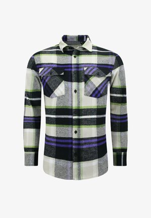 Langermig overhemd met knopen in een geruite patroon met zwarte, groene, paarse, witte en grijze tinten. Bevat twee borstzakken en een klassieke kraag.