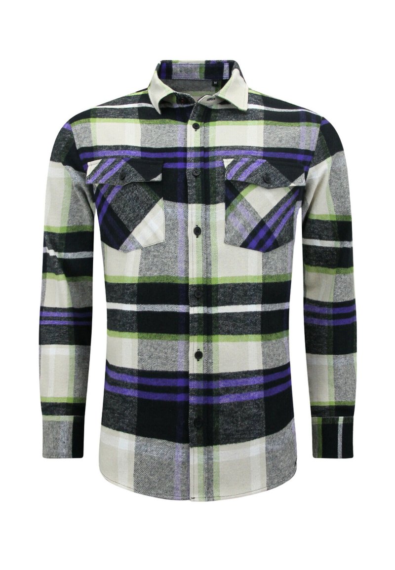 Langermig overhemd met knopen in een geruite patroon met zwarte, groene, paarse, witte en grijze tinten. Bevat twee borstzakken en een klassieke kraag.