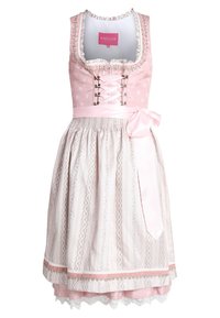 Traditional dirndl dress featuring a pink bodice with lace-up detail, a patterned white skirt, and a matching pink sash with bow.
