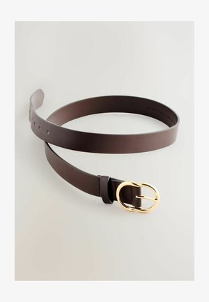 Pruun nahkrihm ovaalse kuldse pandla ja siledas tekstuuris, millel on mitu reguleerimisauku. Lihtne ja elegantne disain.