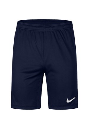Marineblå sports shorts med elastisk linning og hvid Nike-logo på nederste højre ben.