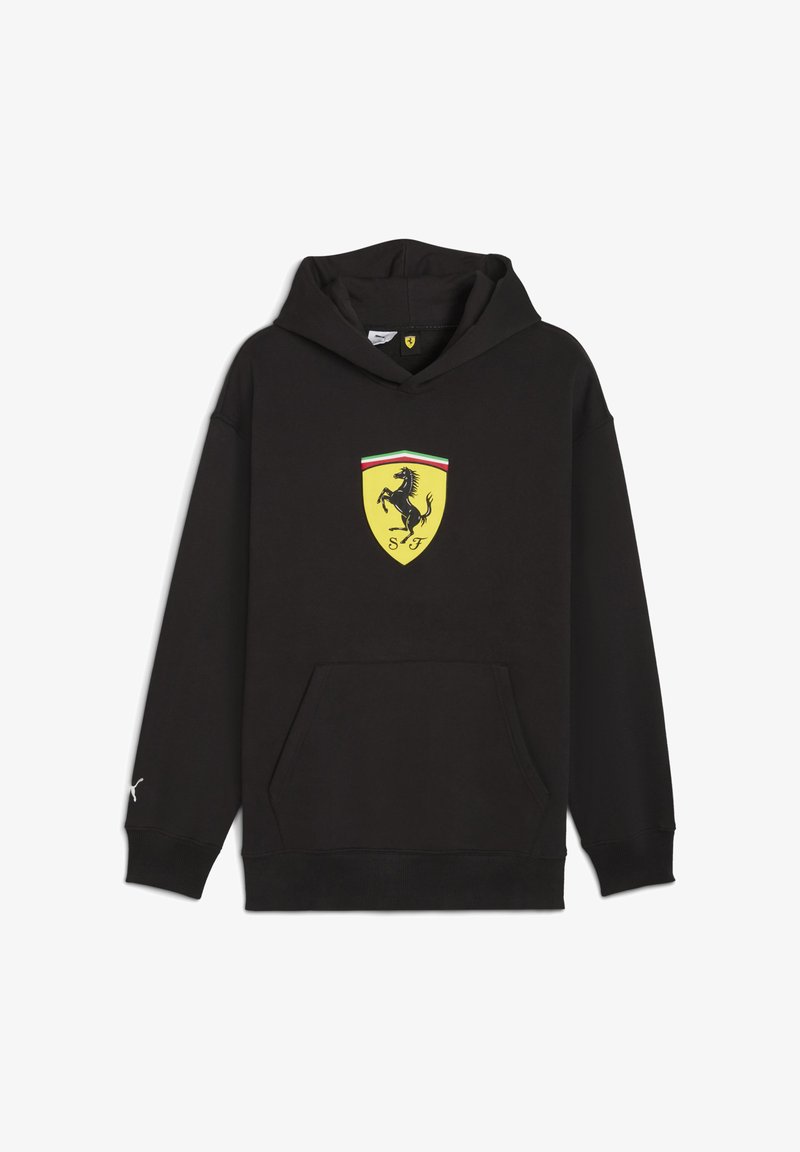 Felpa nera con cappuccio, caratterizzata da un logo Ferrari giallo con un cavallino rampante nero, completata da strisce verdi e rosse sopra l'emblema.