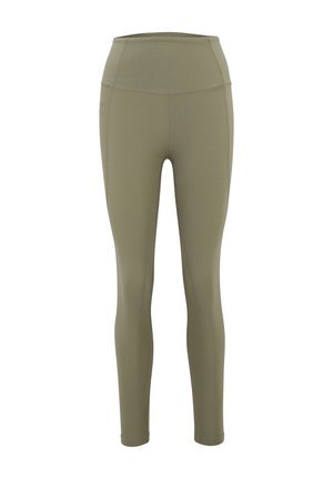 Legginsy w kolorze oliwkowym wykonane z elastycznego materiału, z wysokim stanem, gładką teksturą i dopasowanym krojem, idealne do aktywności fizycznej.